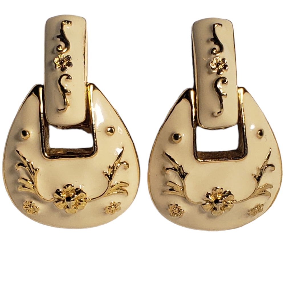 Cream and Gold Floral Clip Earrings